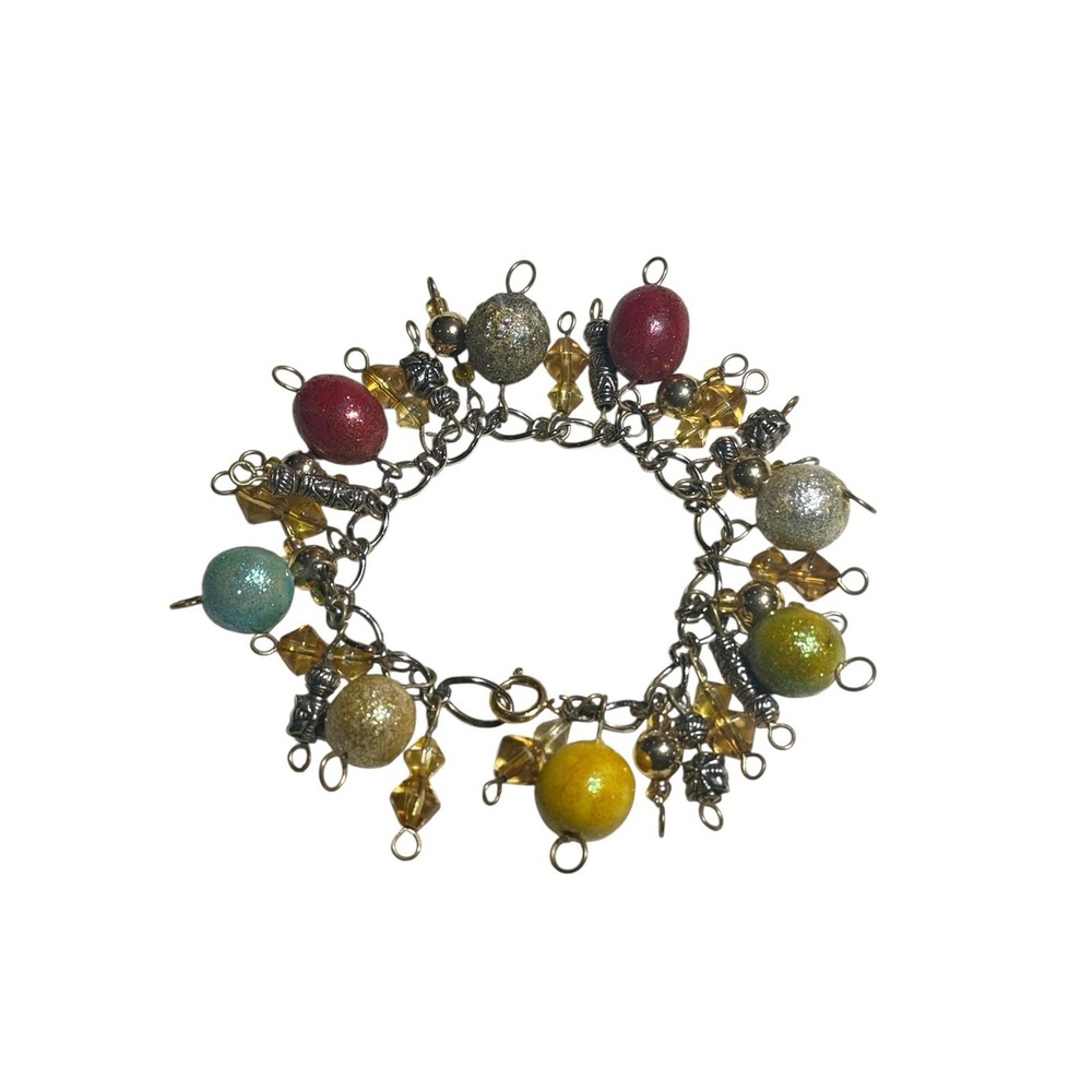 Vtg Chunky Beaded Charm Bracelet Multicolor Glitter Glass Beads Boho Statement